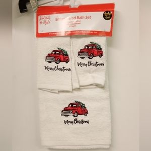Christmas 3 Pc Bath Set Embroidered Truck & Tree Spun Cotton